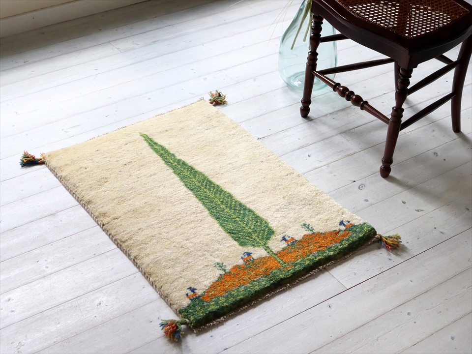 人気 ギャッベ 玄関マット イラン製 87x60cm ナチュラルアイボリー 1本