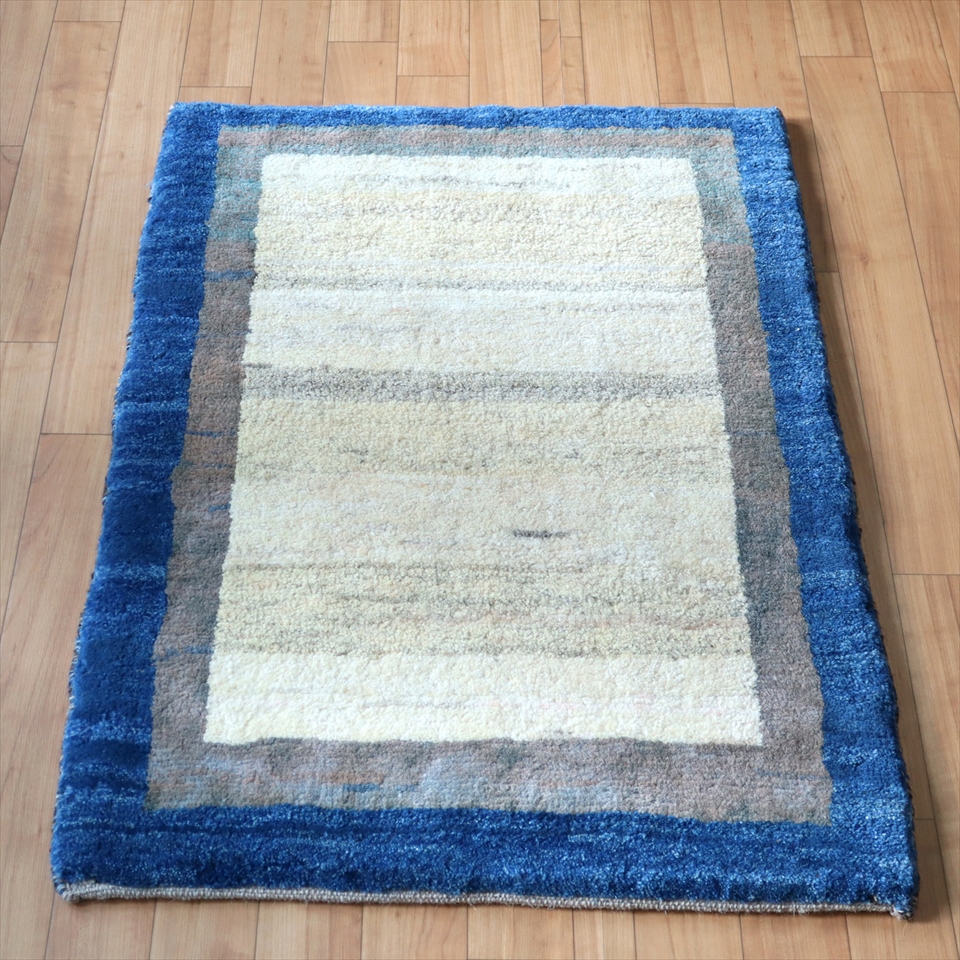 玄関マットサイズギャッベ90×63cm ナチュラル ブルー＆グレー / ガラタ