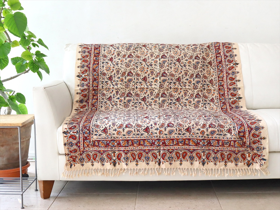 ペルシャ更紗 イラン手染め布 150x100cmサイズ ソファカバー タペストリー アンバー系フラワー柄 ガラタバザール