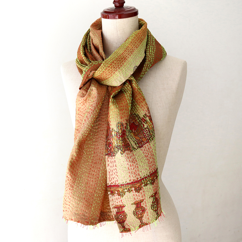 インドの古布・カンタ刺繍・シルクストール Kantha embroidery, India
