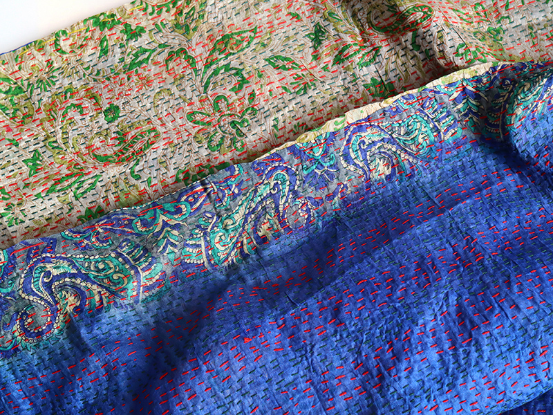 インドの古布・カンタ刺繍・シルクストール Kantha embroidery, India 183x87cm 刺し子・赤と緑色の刺繍