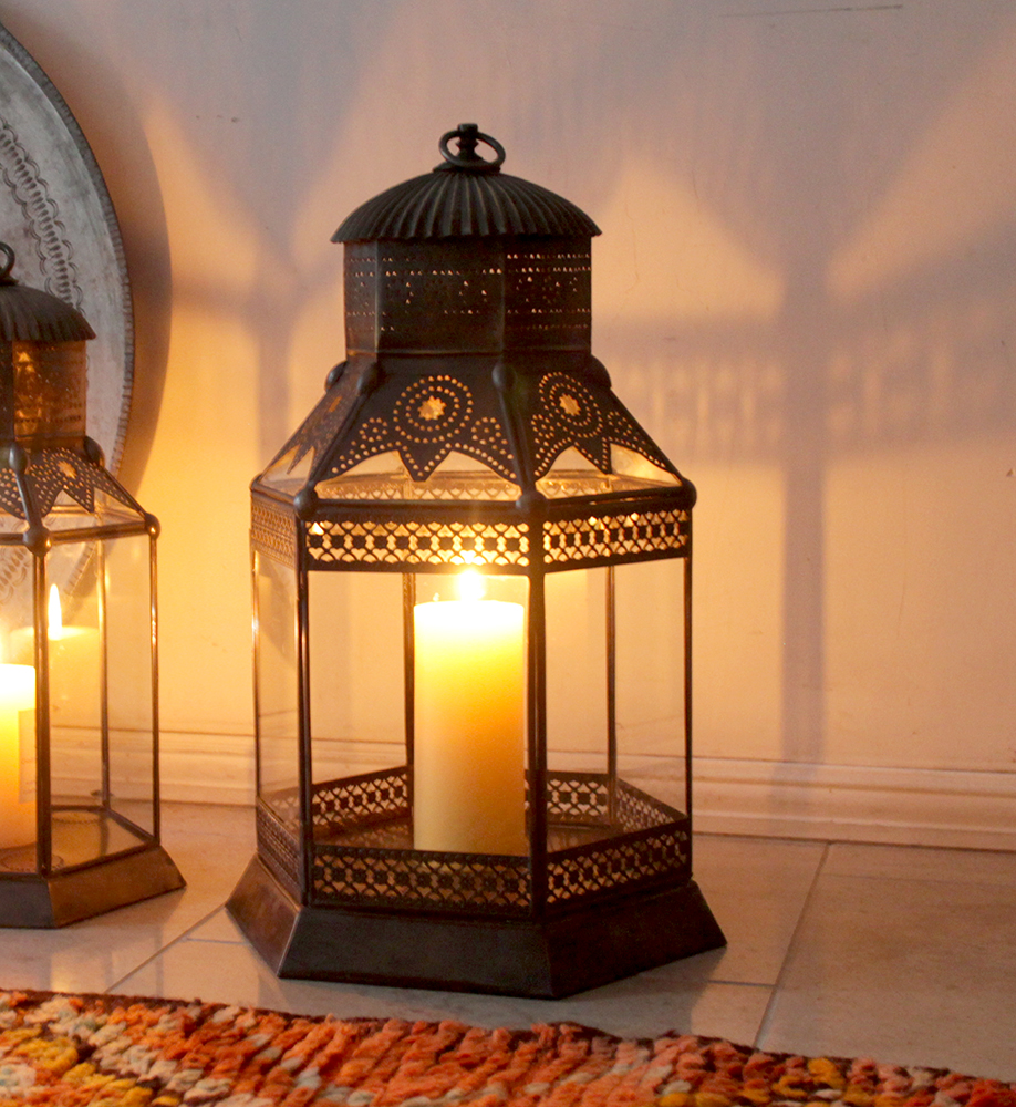 アラブ風ガラスランタン 高さ55cm/ブラスランプ・銅製品　トルコ製モロッコランプ・オリエンタル照明　ノマド【店舗照明】