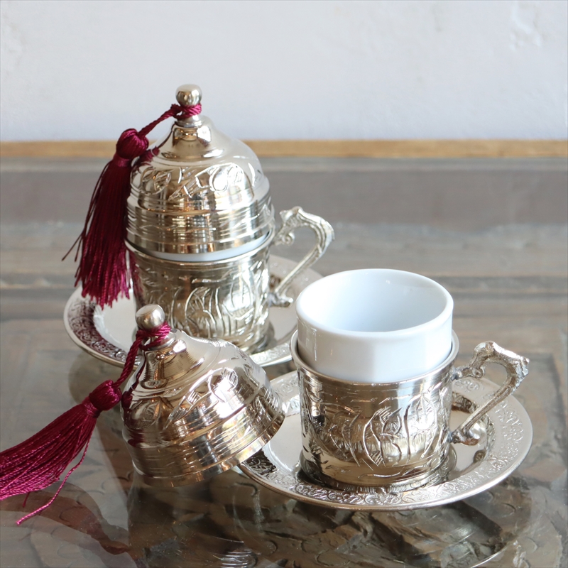 トルココーヒーカップ ソーサー銅製カバー付２客セット シルバー フリンジは３色から選べます トルコお土産 ガラタバザール
