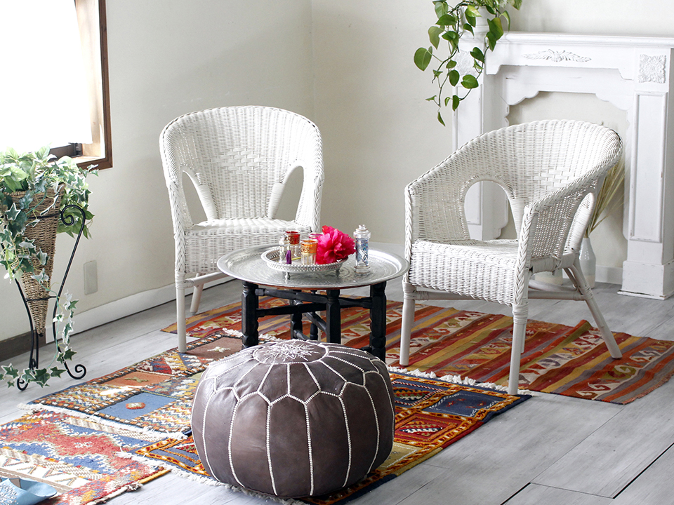 ラタンチェア・ホワイト・2脚セット・パーソナルチェア・一人掛け椅子・W58×Ｈ80×D60cm rattan chair white 2set