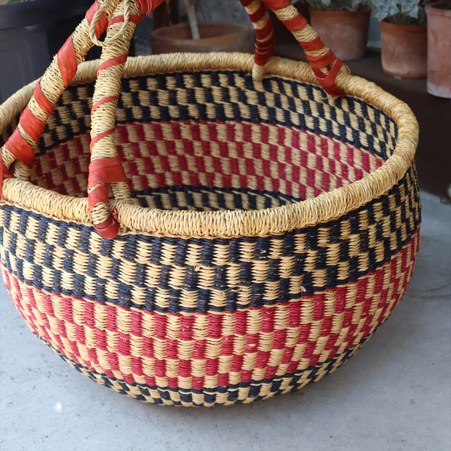 アフリカかご ブルキナバスケット 直径41cm 羊革の持ち手 【現品