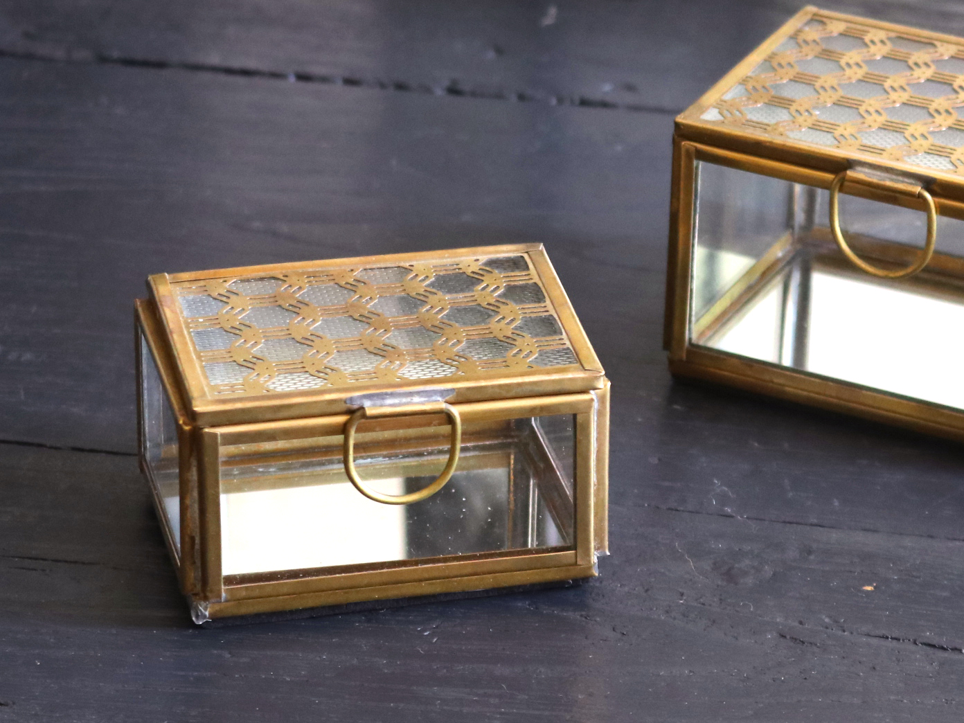 ガラタバザール 真鍮ガラスボックス チェーンパターン Sサイズ ｗ8 ｈ4 5 ｄ5 5cm ジュエリーケース アクセサリーボックス