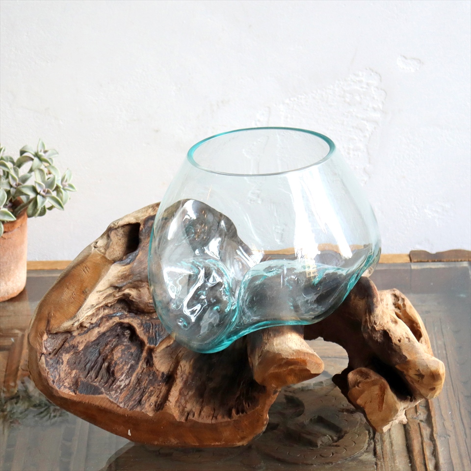 流木 フラワーベース 花瓶 H23xw34xd24cm 現品 ガラスベース Glass Planter Flower Vase ガラタバザール