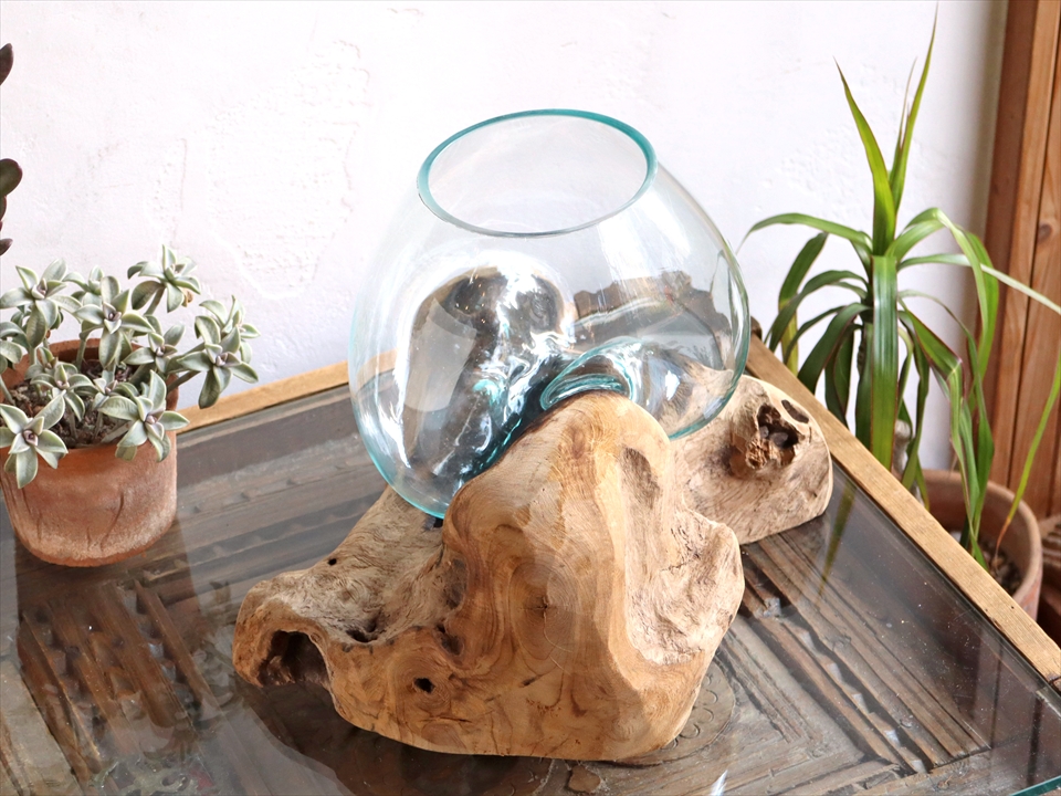 流木 フラワーベース 花瓶 H22xW28xD28cm 【現品】ガラスベース glass planter/flower vase